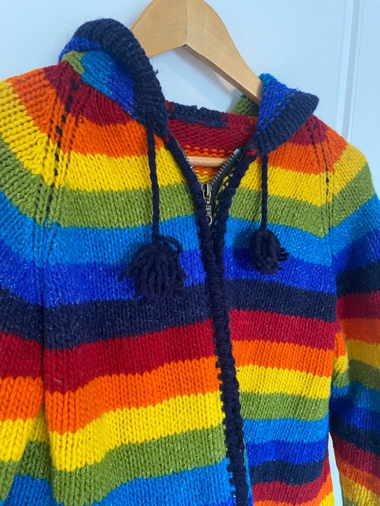 Handmade Knitted Rainbow Stripe Hooded Zip Cardigan Adult - see measurements - Picture 2 of 10